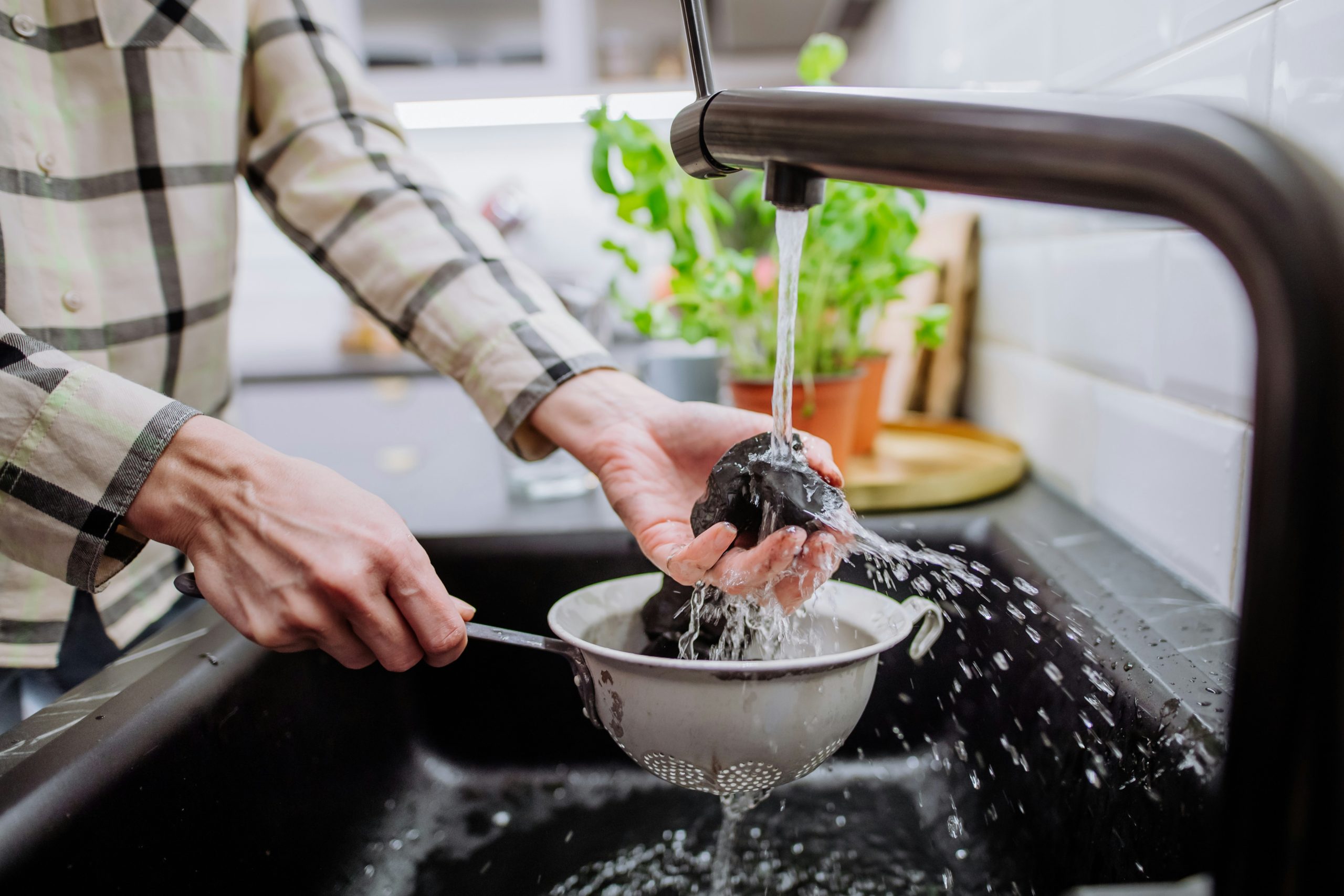 a man washing a fruit in a sink using a filtered water from brita pro