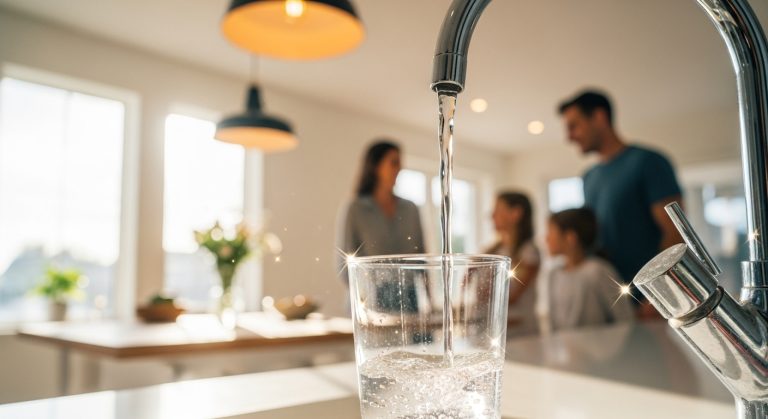 Glass filling with softened water at a kitchen faucet, with a family in the background